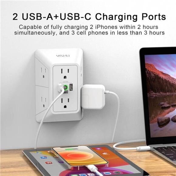 Multi Plug Outlet Surge Protector - YISHU 3 Sided Power Strip with 6 AC Outlet - Picture 4 of 8